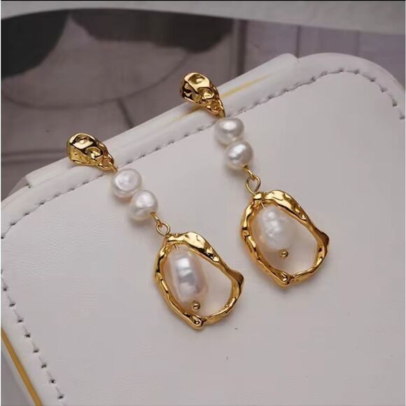 18K Gold Plated Freshwter Pearl Drop Earrings  - Picture 2 of 6